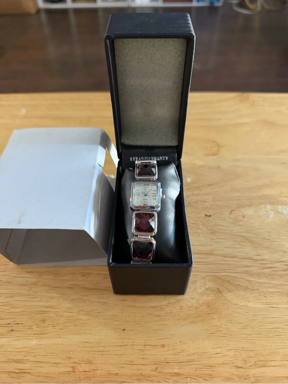 Ladies Silver Bracelet Watch with Burgundy Faceted Accents